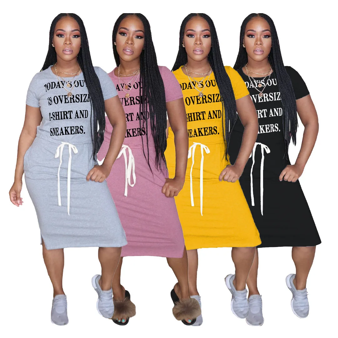 

SAYT3211 high quality fashion words print short sleeves summer woman casual long cotton fabric dress, Picture