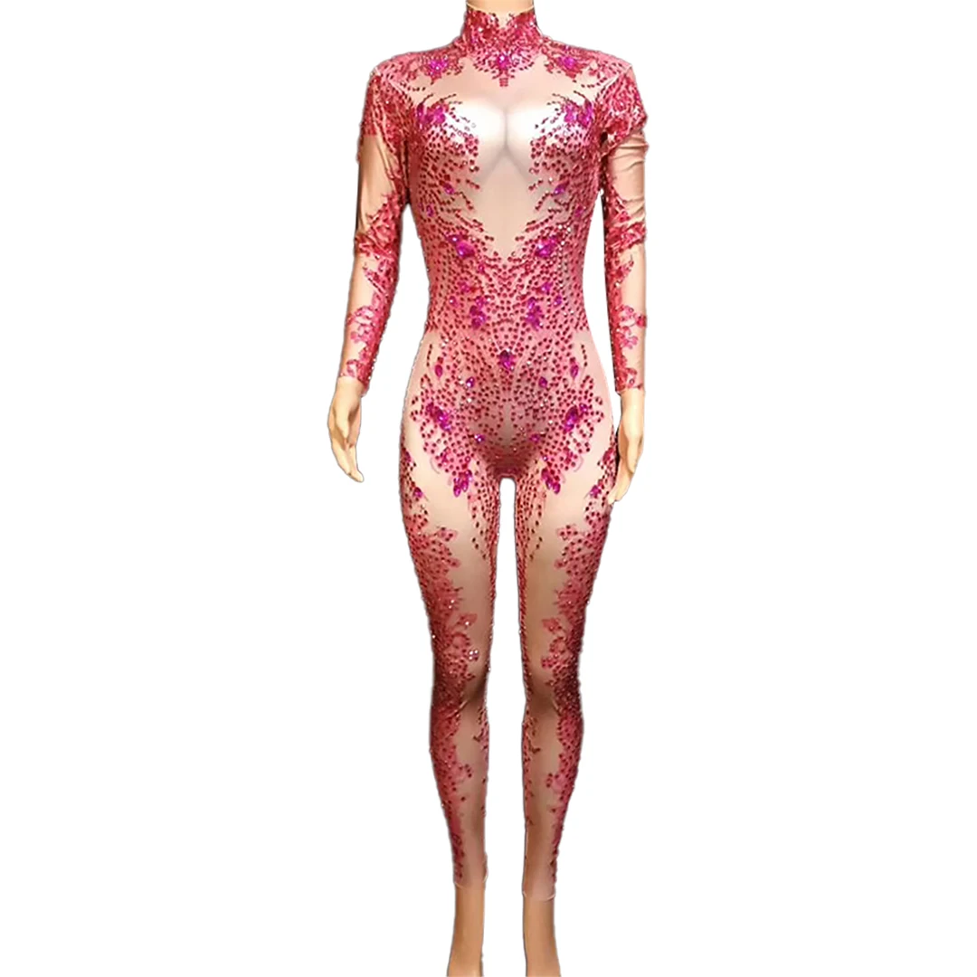 

Sexy Stretch Skinny Pink Rhinestones One Piece Playsuits Women Showgirl Dance Performance Stage Costume Club Party Jumpsuits