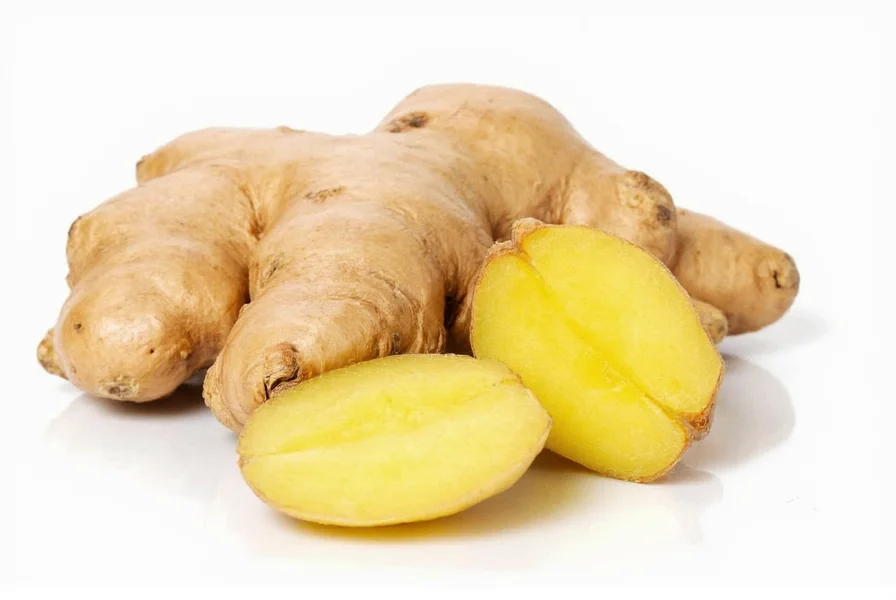 Fresh ginger root with knife and cutting board