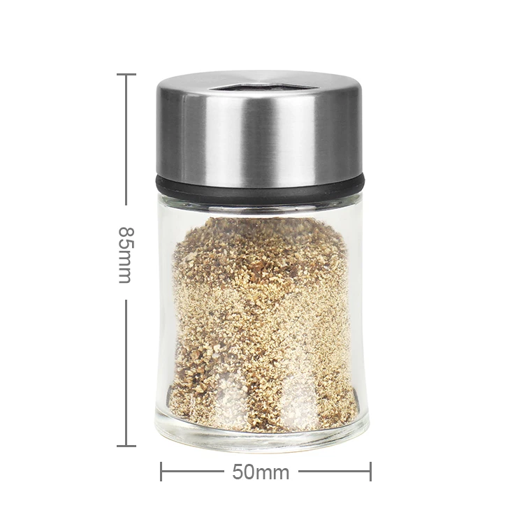 

Multi-function customize logo 2oz empty italian metal salt shaker spice bottle with glass jar for cooking, Silver