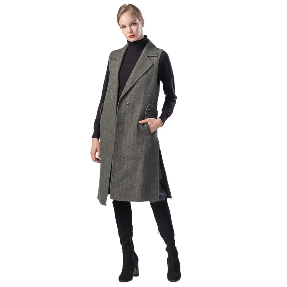 

New fashion Sleeveless Woolen Trench Coat Winter jackets Double-Breasted overcoats for women with Belts, Beige