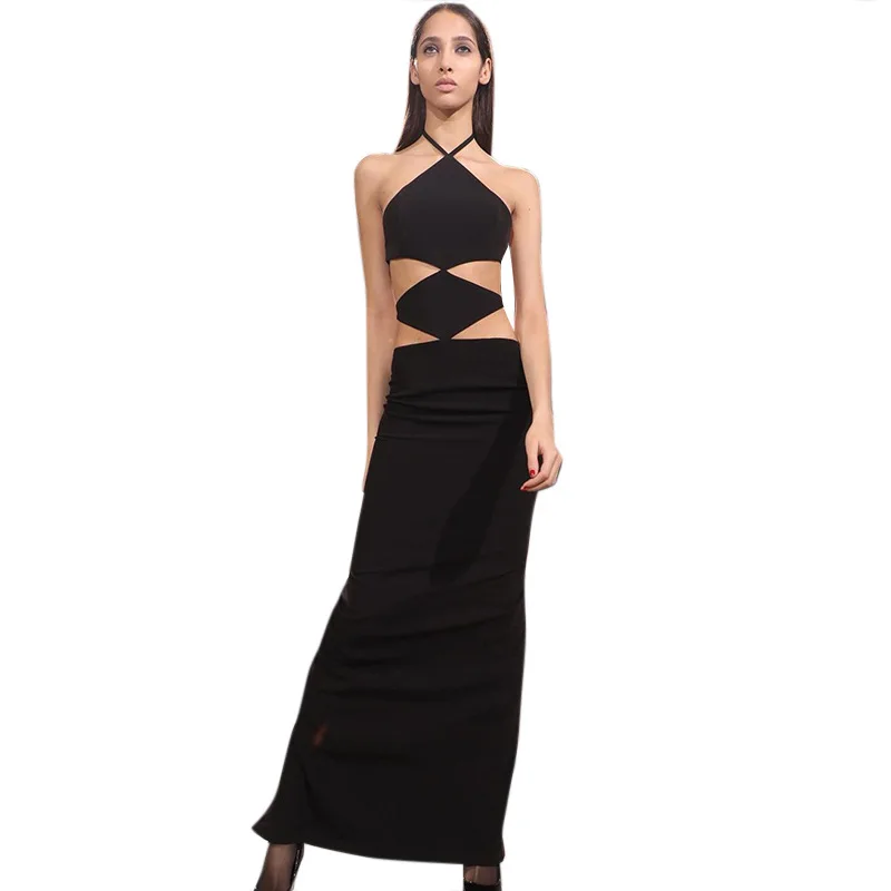 

Sexy Lady Elegant Bodycon Women Party Evening Girls Hollow Out Sleeveless Slim Long Maxi Casual Black Sexy Halter Dresses