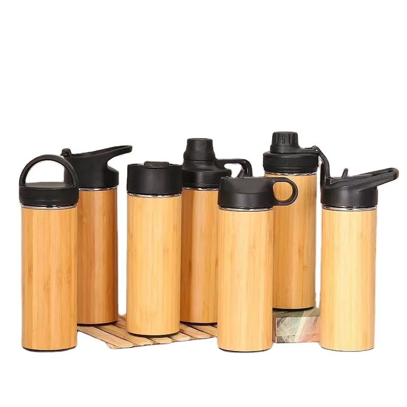 

450ML Bamboo Cups Coffee Tea Travel Tumbler 304 Stainless Steel Thermos Mugs With Plastic Lids