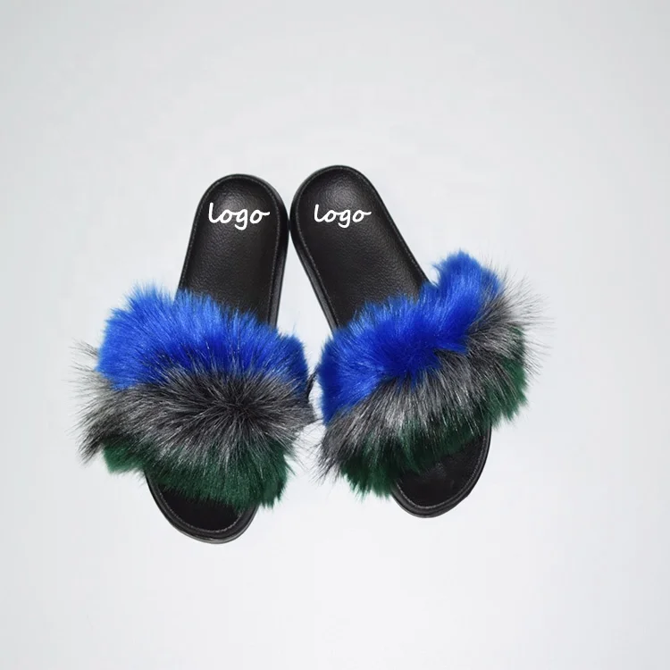 

US Hot Sale Wholesale Slider Fluffy Outdoor Sandals Furry Raccoon Fur Slippers Real Soft Fox Fur Slides for Women