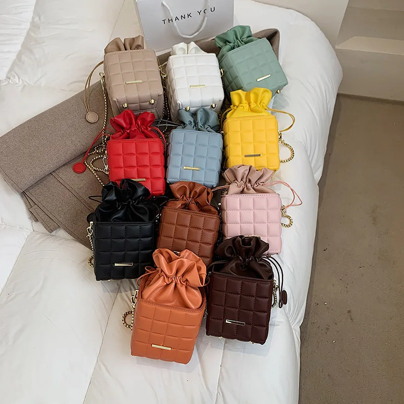 

2021 spring new arrival string bucket bag quilted colorful mini box bags for girl luxury sling bag wholesale