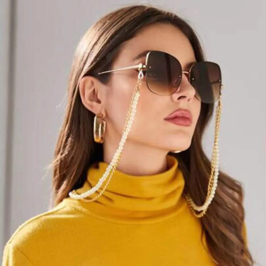 

2020 New Fashion Accessories Double Layers Gold Link Chain Pearls Sunglasses Chains For Lady, Gold&white