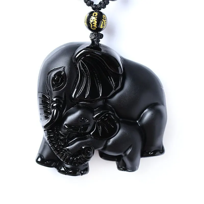 

Obsidian Elephant Pendant Amulet Accessories Necklace Fashion Jewelry Carved Natural Black Women Jade Men