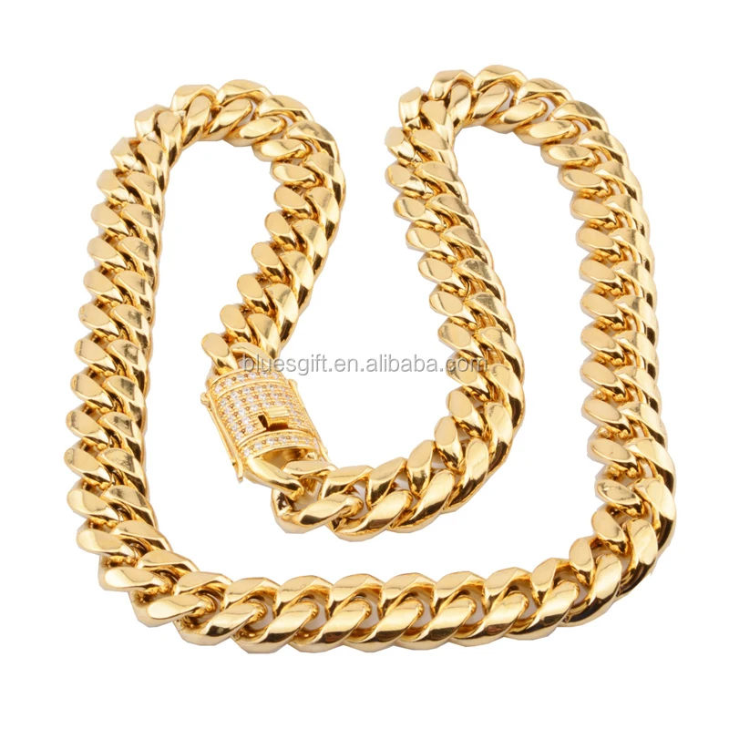 

Blues RTS Yellow Gold PVD Plating Stainless Steel 10mm Iced Out cuban link Chain For Men