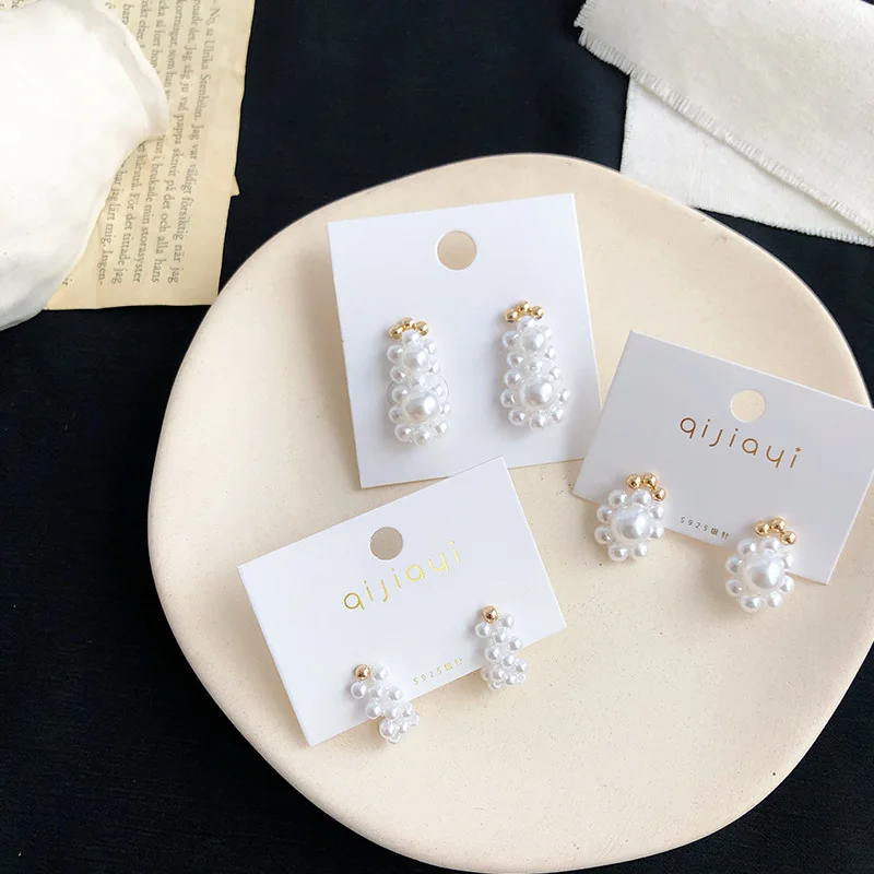 

JUHU 2021 Retro wedding pearl stud earrings silver needle women earrings jewelry wholesale flower pearl earrings