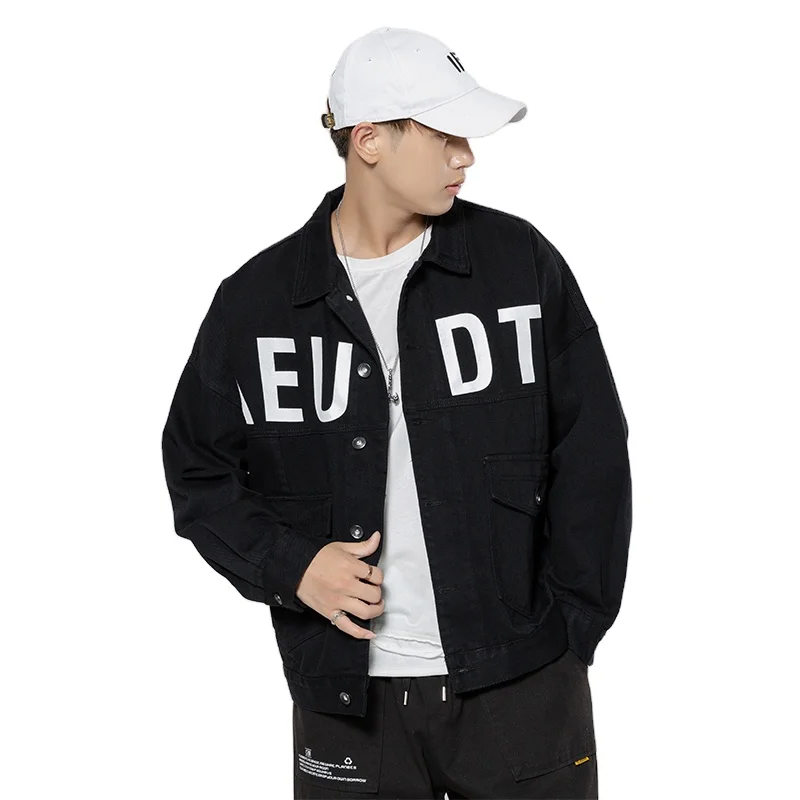 

Oversized plus fat loose print hip-hop black washable overalls jacket men