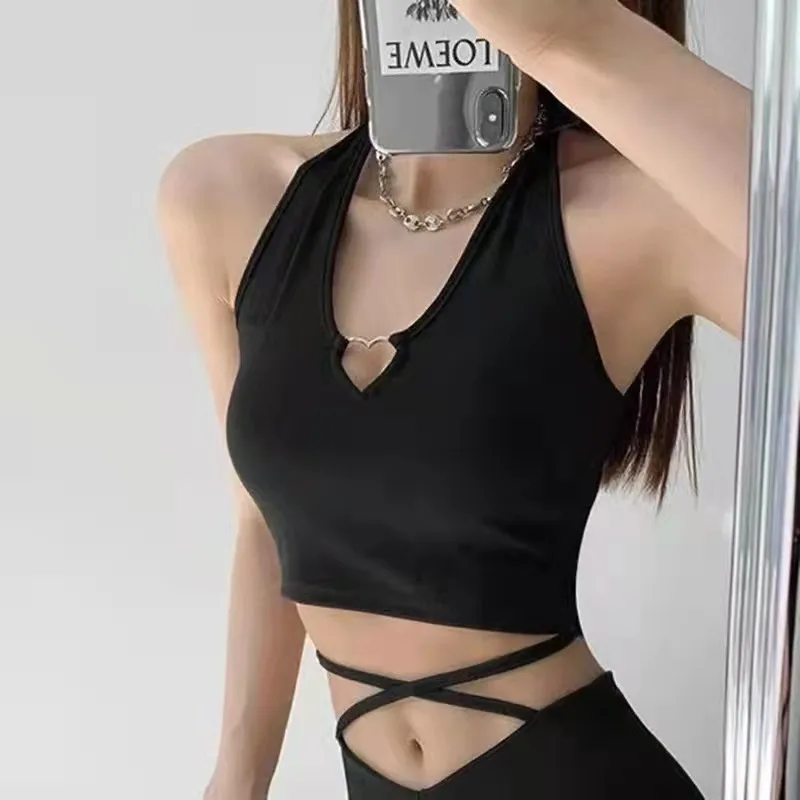 

2022 Summer New Short T-shirt Women's Slim Thin Girl Straps Tube Vest Design Sense Hollow Out Sleeveless Vest, Black,gray,white