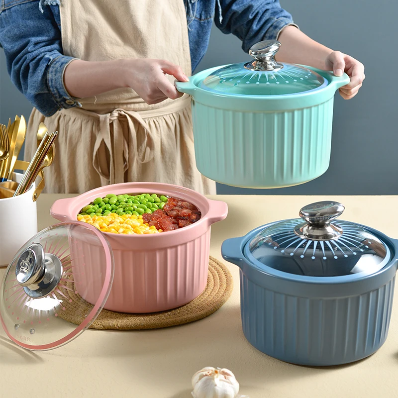 

Nordic Simple Ceramic Casserole with lid Household Stockpot Soup Porridge Pot High Temperature Resistant, Pink,green,blue