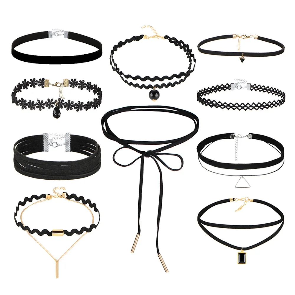 

Wholesale 10 pcs Gothic Rope Multiple Designs Choker Set Necklace for ladies, Black