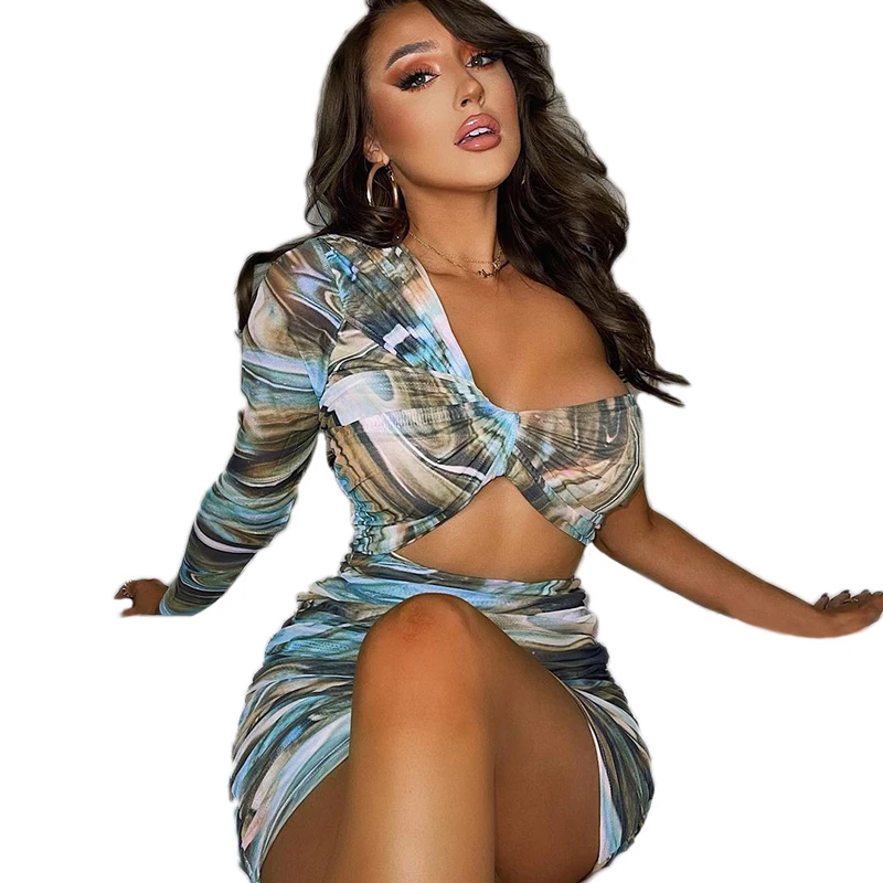 

MG123 Night club hot style women's short dress Fashion print casual long sleeve suit Sexy lift the hip slim outfit, Black red