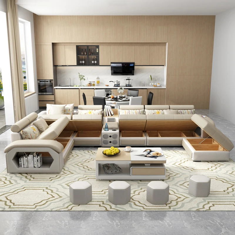 
Guandong factory sales wholesale U shaped Leather fabric living room sofa set designs 