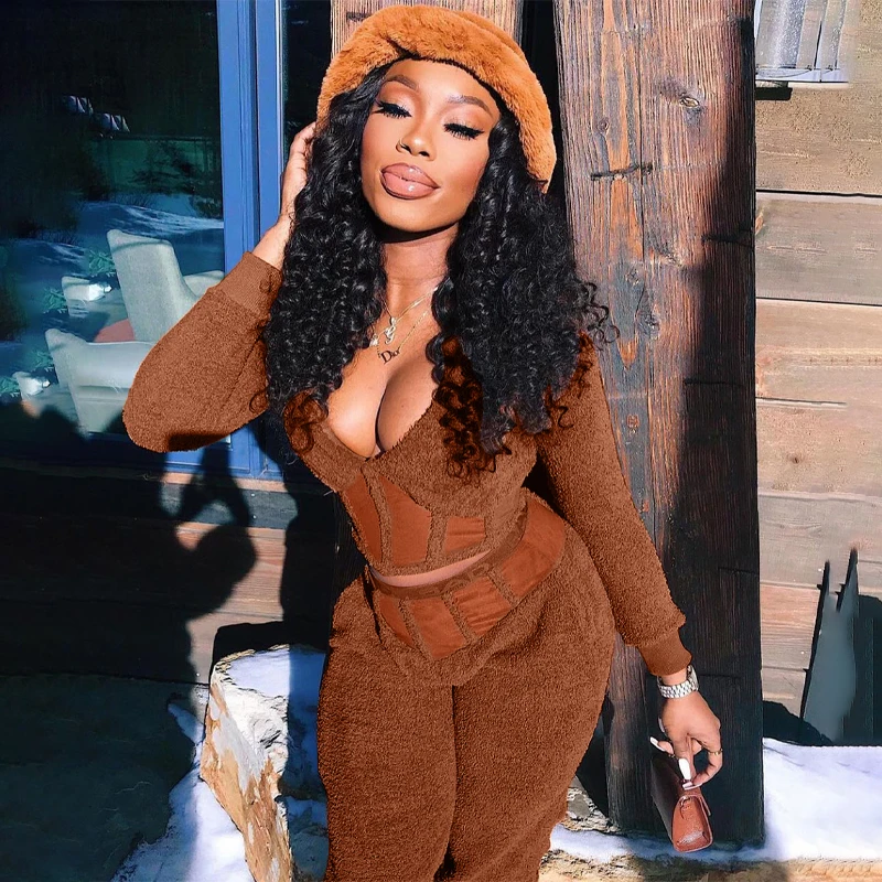 

Lygens Fleece Velvet Striped V Neck Long Sleeve Tank Top Bodycon Leggings Pants 2 Pieces Set 2021 Women Streetwear Clothing