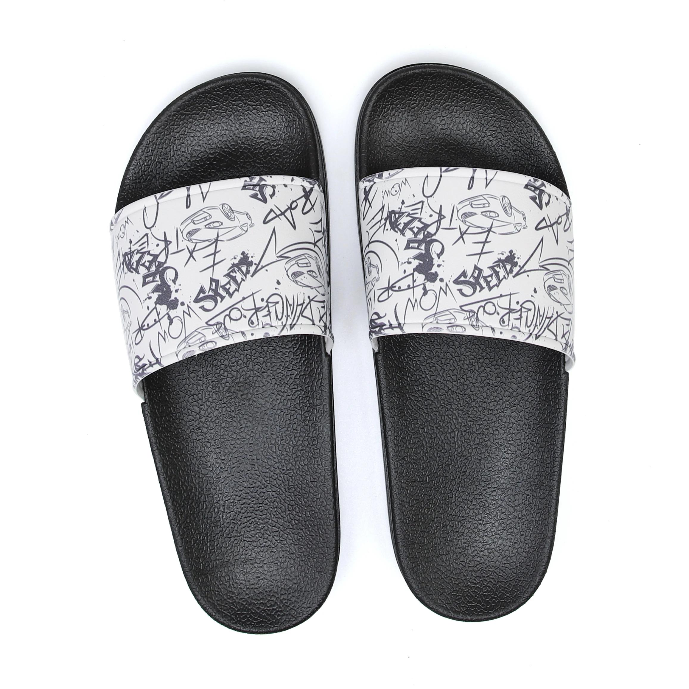 

Car Pattern Design Slide Slipper Anti-skid Soft Hard-wearing New Design Most Fashion Men PVC Sole Sandal, Black white