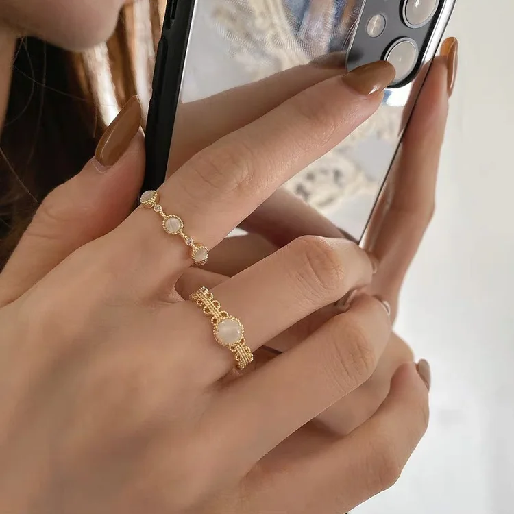 

Vershal Gold Plated Adjustable Chic Minimalist Opal Finger Ring Set For Women