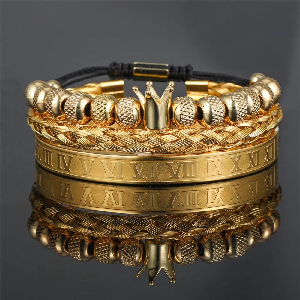 

Duyizhao Vintage Crown Braided Men's Bracelet Roman Letter Stainless Steel Grid Open Bangle Hip Hop Fashion Jewelry Set