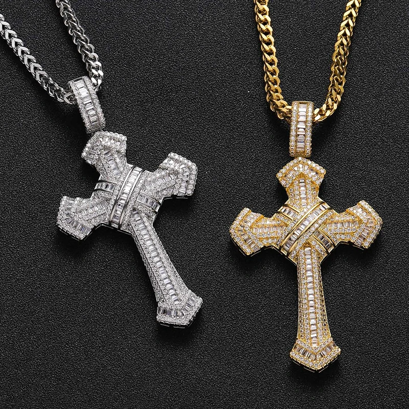 

2022 BES Best Selling Hip Hop Jewelry Iced Out 5A Cubic Zirconia Shiny Diamond Cross Pendant Necklace For Men And Women, Silver gold