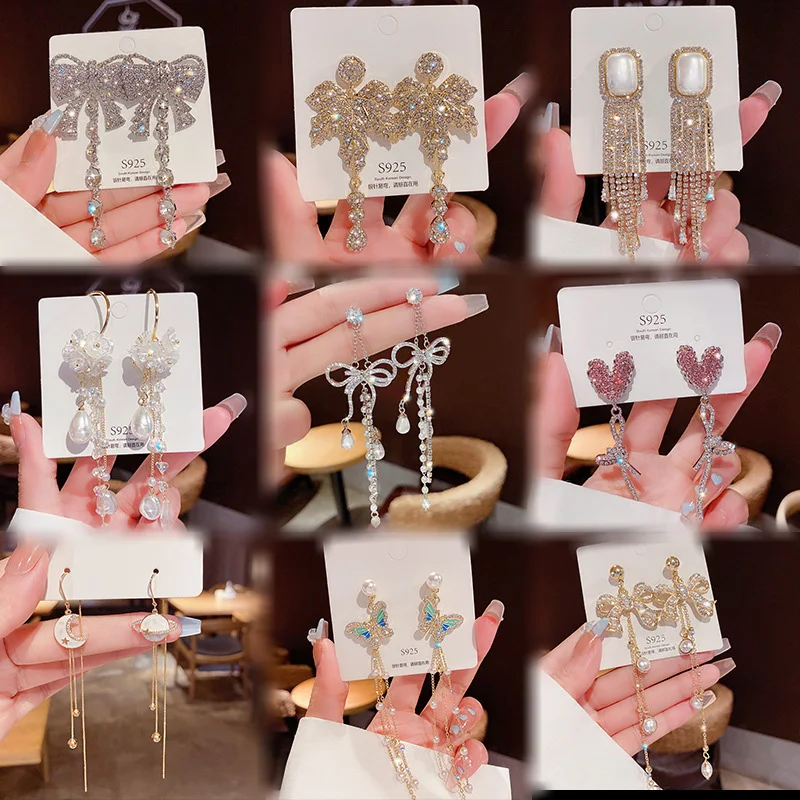 

Korean S925 Silver Needle Zircon Pearl Tassel Butterfly Heart Earrings For Women Shiny Cz Flower Letter Drop Earrings For Gift