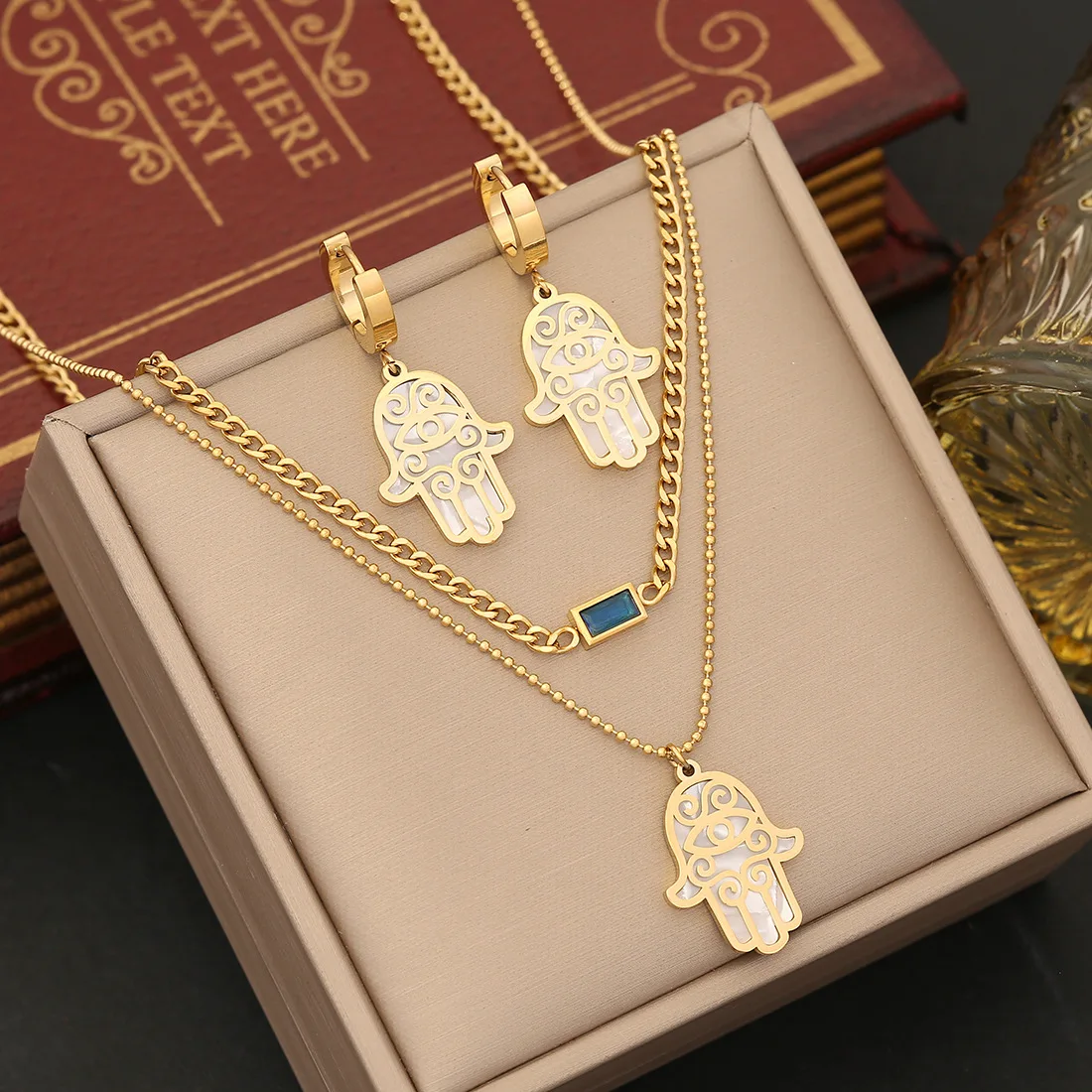 

Elegant Hand Palm Shell Stainless Steel Water Proof 18K Gold Plated Necklace Bracelet and Earrings Indian Jewelry Set for Women