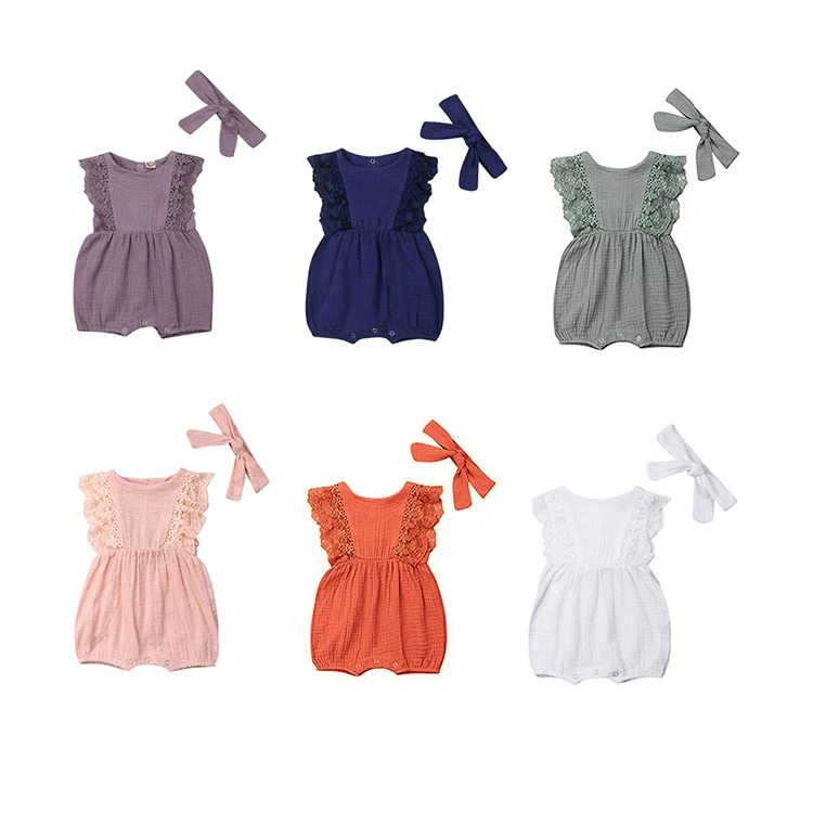 

Baby Girls Lace Romper Set Ruffle Sleeveless Solid Color Baby Rompers With Headband