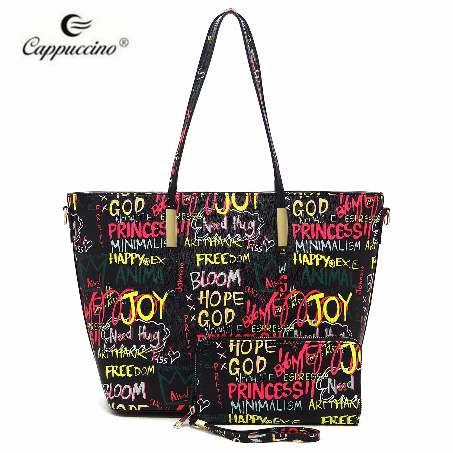 

Luxury Ladies Faux Vegan Leather Multi Graffiti Print Tote Bag Crossbody Shoulder Handbags 2 in 1 Set, Rich color