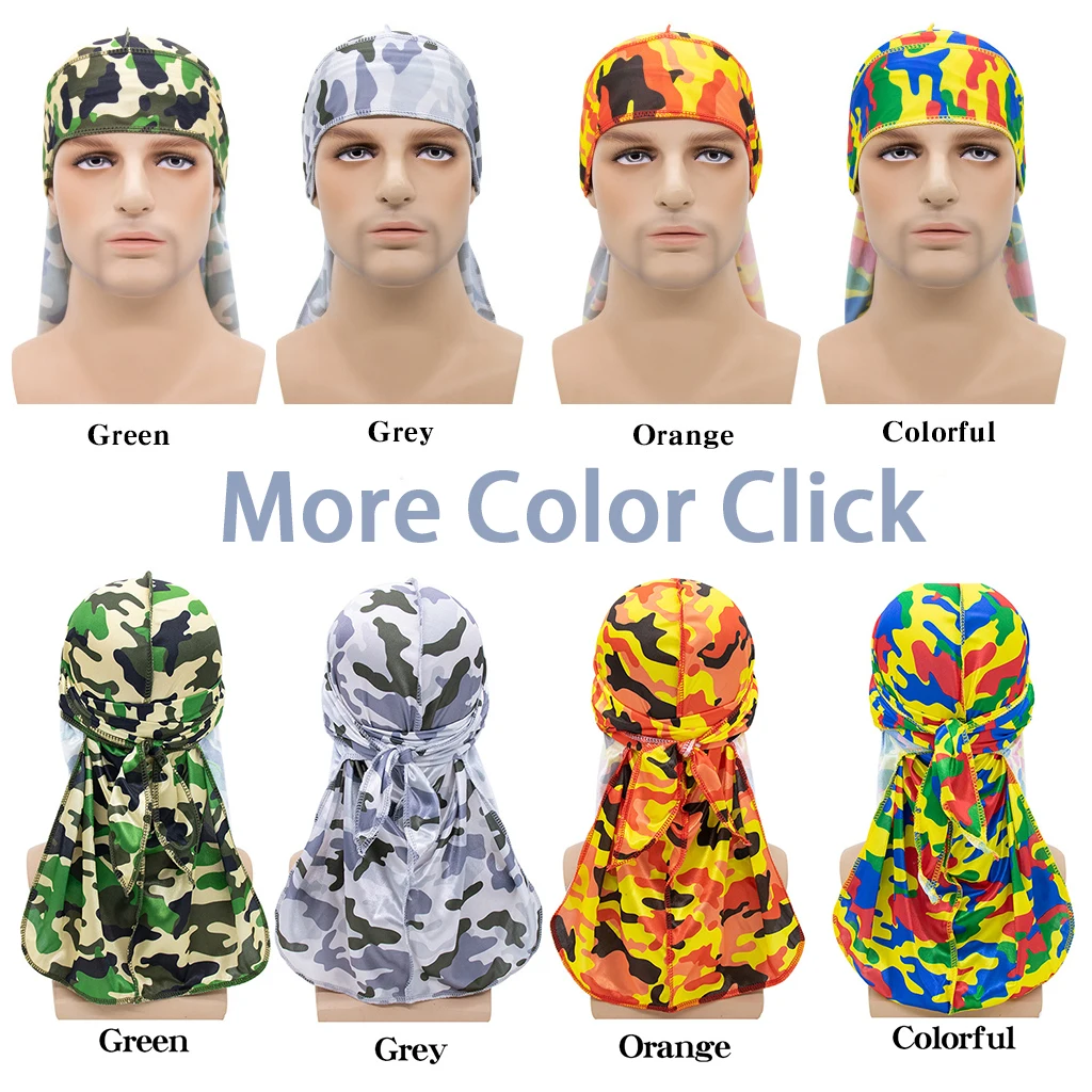 

Free shipping designer durag vendor custom logo silk camouflage print durags for men bandana turban hat headband accessories, Picture shows