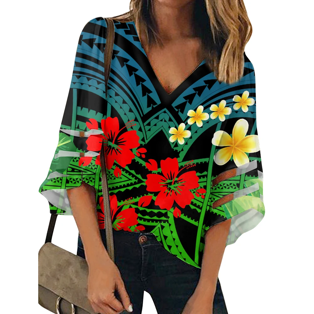 

Polynesian Samoan Tribal Design Ladies Blouse Hawaiian Hibiscus Yellow Plumeria Mix Gradient Color Tops Large Shirts Wholesale