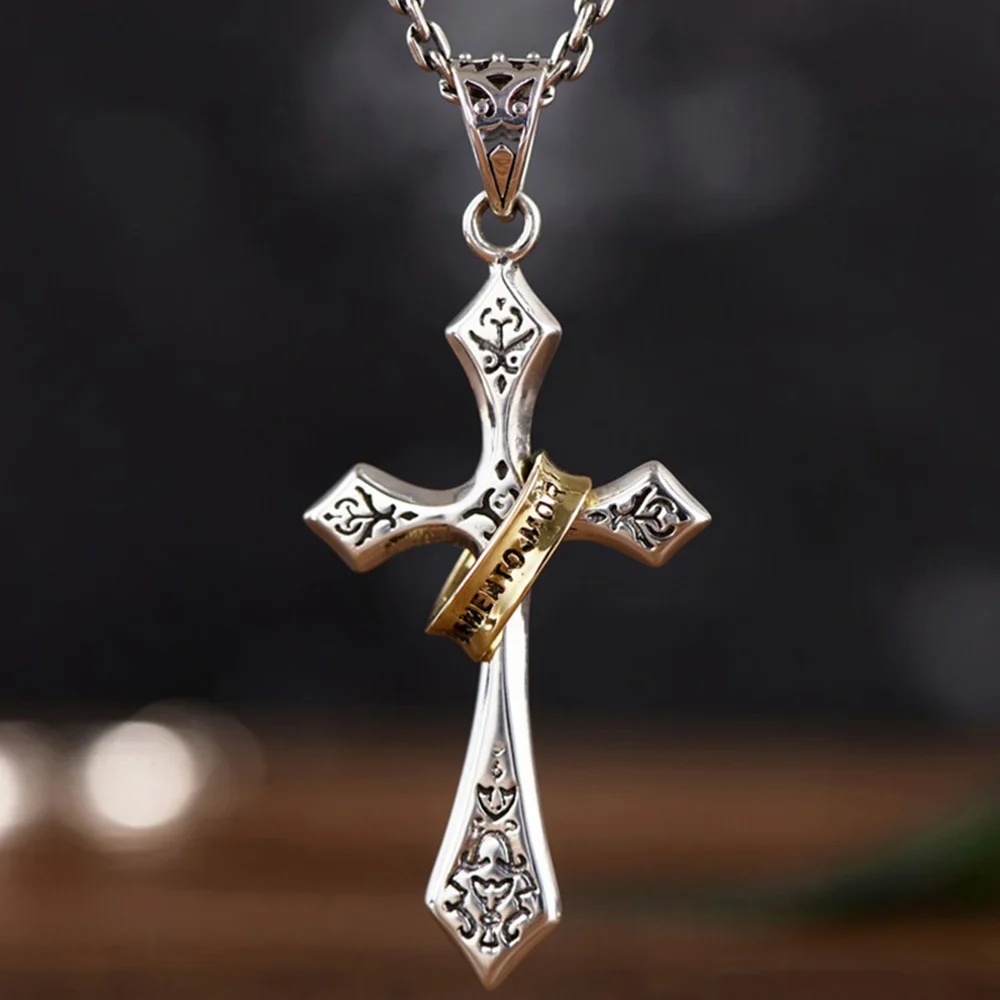 

925 Sterling Silver Jesus Cross Pendant Flower Carving With Gold Color Circle Vintage Personality Retro Type