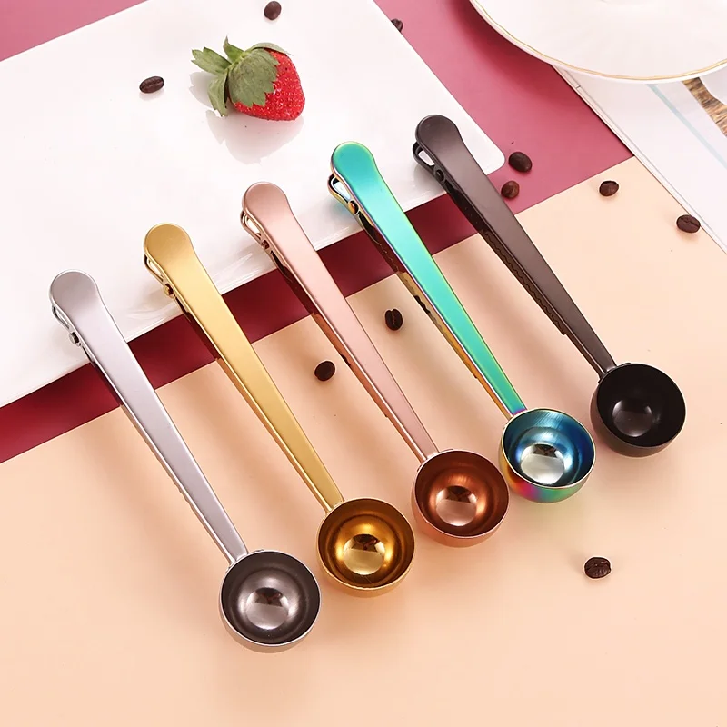 

Stainless Steel Coffee Spoon With Bag Clip Coffee Bean Measuring spoon/scoop, Silver, black, gold, rose gold and colorful