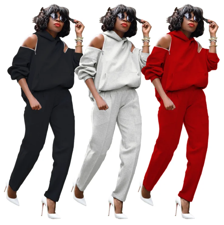 

Winter Autumn Women's Solid Color Hollow Out Off-Shoulder Hoodie Casual Sports Two-Piece Pants Set