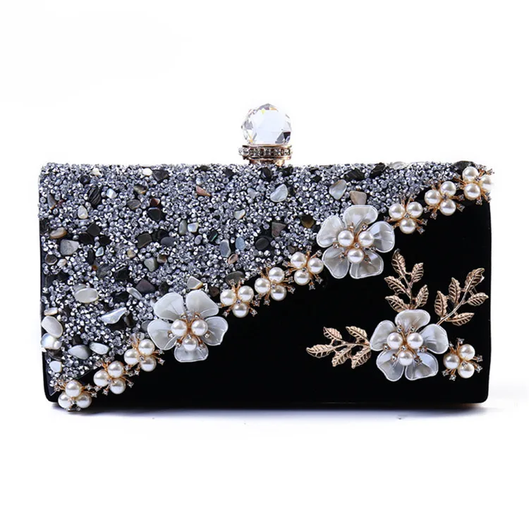 

New 2019 mini Handbag Women Pearls flower Diamond Wedding Party evening Clutch Bag Bridal purse, Black color as picture