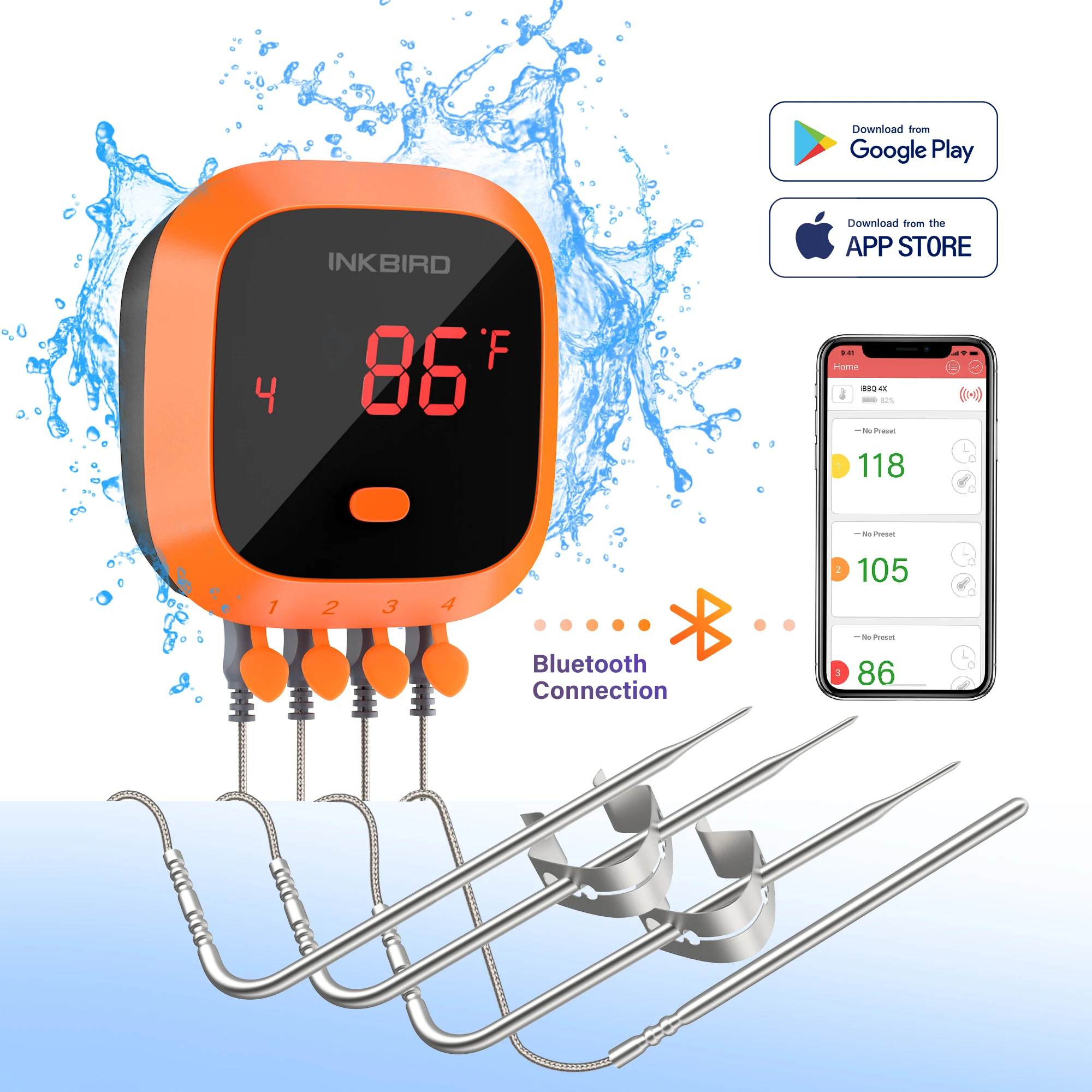 

Inkbird IBT-4XC wireless outdoor Bluetooth digital meat thermometer waterproof magnetic design, Orange