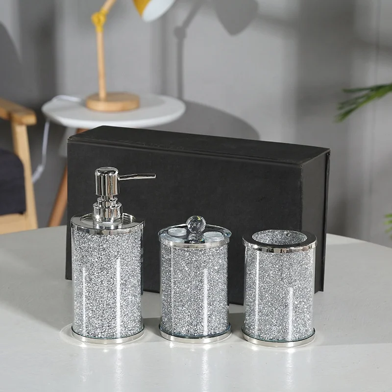 

New arrival latest design as commemorative gift award crystal bottles soap dispenser bathroom accessories set, Silver