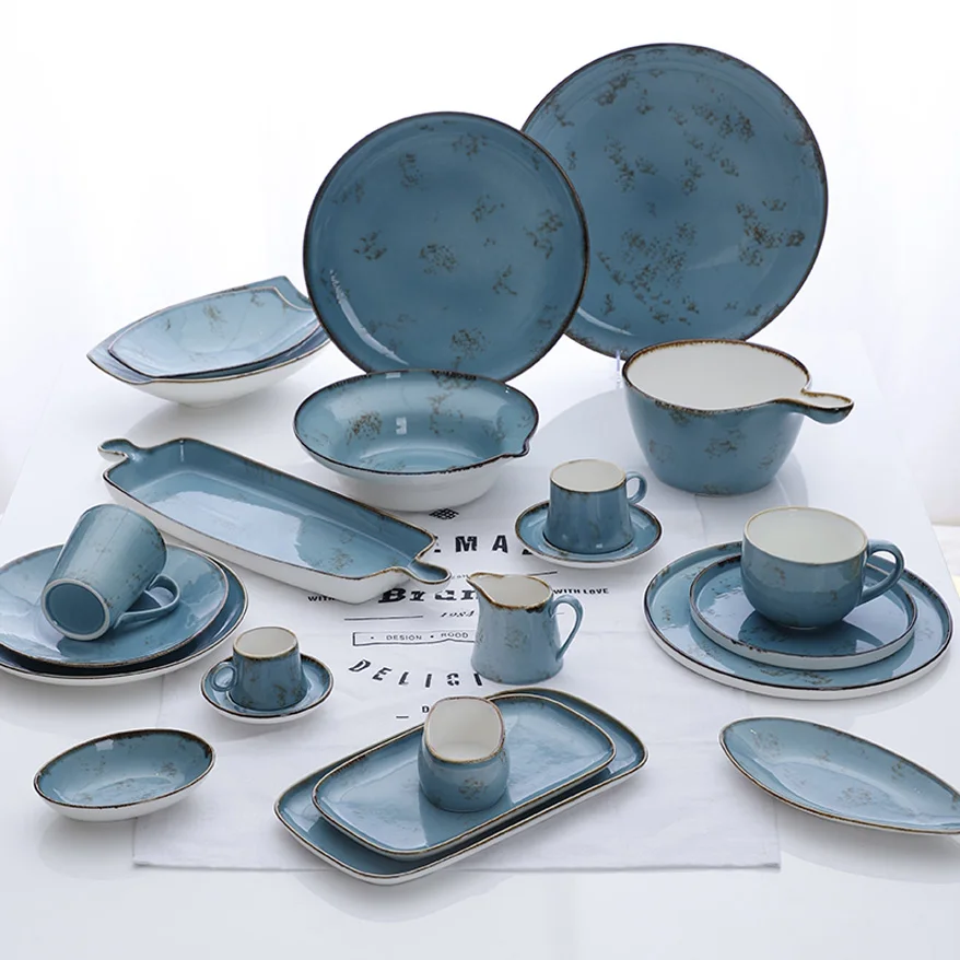 Blue Glazed Banquet Hall Rustic Tableware Dinner Set, Nordic Sea Tableware Rustic Restaurant Porcelain Dinner Set^