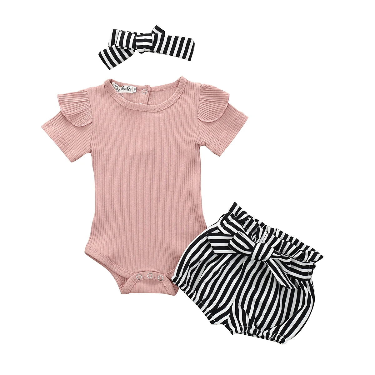 

Baby Girls Ribbed Cotton Flutter Sleeve Romper Striped Bowknot Bloomer Headband 3 Pieces Outfit Baby Kids Clothing set, Photo showed and customized color