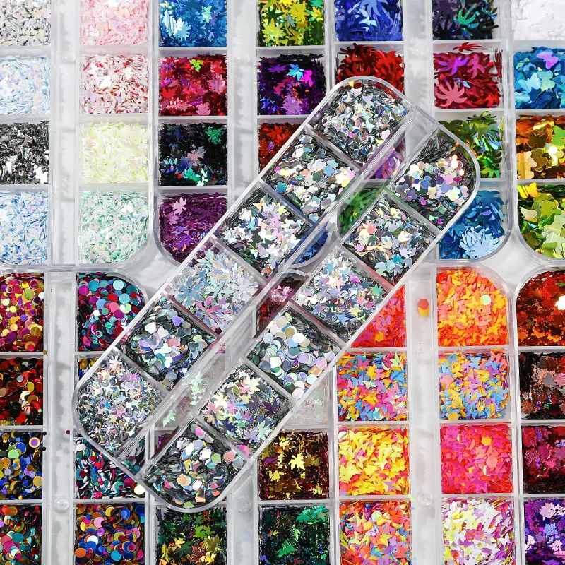 

12 Grid / Box 3D Crystal Acrylic Nail Decoration Maple Leaf Sequins DIY Maple Leaf Snowflake Mixed with Circular Nail Sequins, Colorful