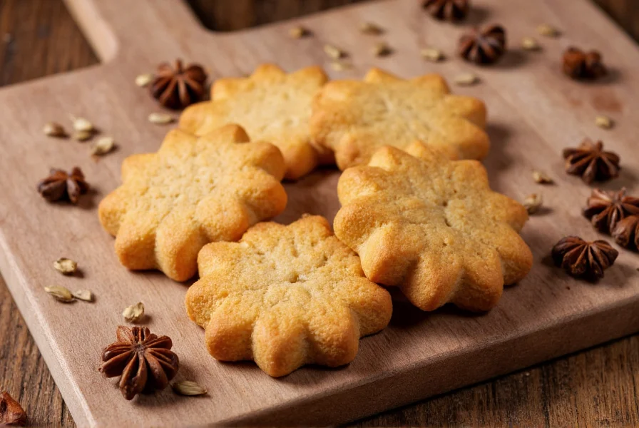 Close-up of golden brown anise cookies arranged on a rustic wooden board with anise seeds scattered around