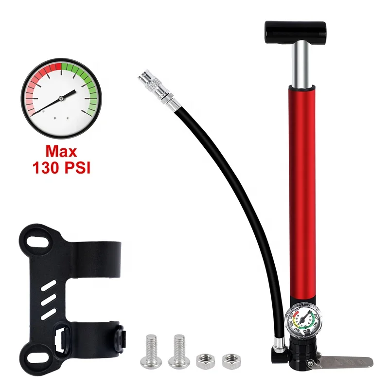 

Cycling High Pressure 130 PSI Bicycle Tire Hand Pump Portable Aluminum Alloy MTB Road Bike Bicycle Air Pump with Double Hose, Black/red