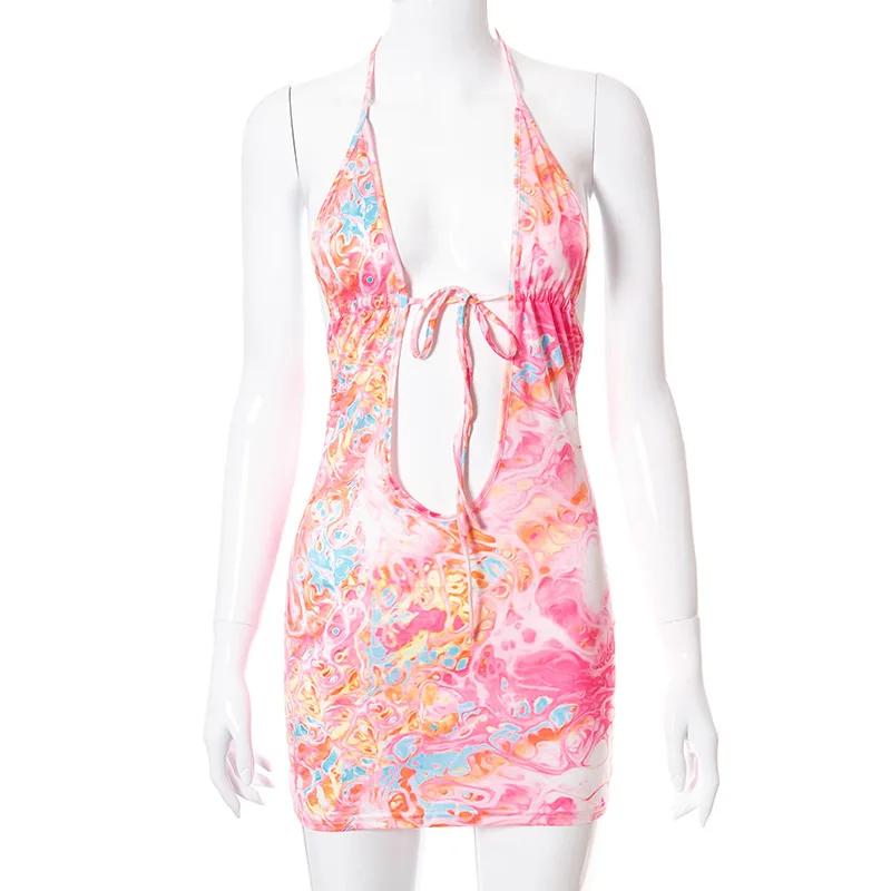 

M614 tie die Sexy printed cross front halter neck lace up blackless dress