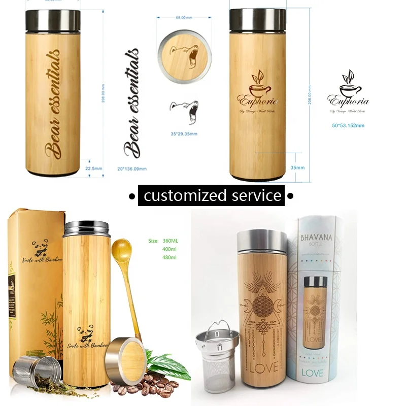

Double Wall Vacuum Insulated Travel Mug Stainless Steel Coffee Tea Flask Bamboo Tumbler Mug with Infuser Strainer