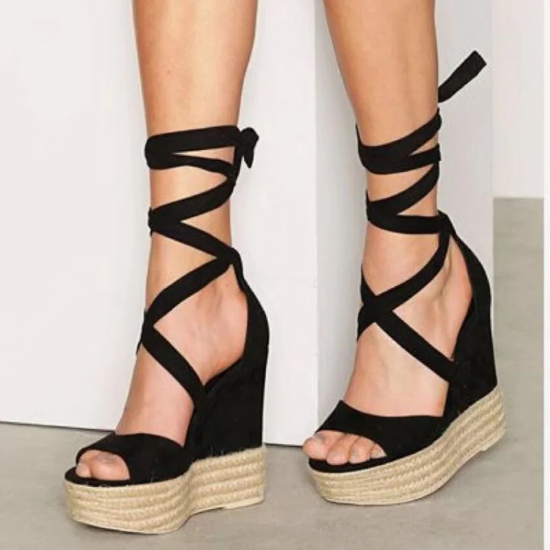 

112976 Espadrille wedge heels cross strap lace up women shoes platform peep toe summer causal lady sandals in black size 35-42