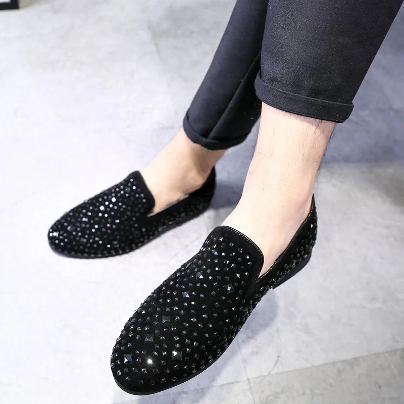 

Men Dress Loafers Leather Luxury Brand Crystal Fashion Men's Flats Male Prom Wedding Party Shoes