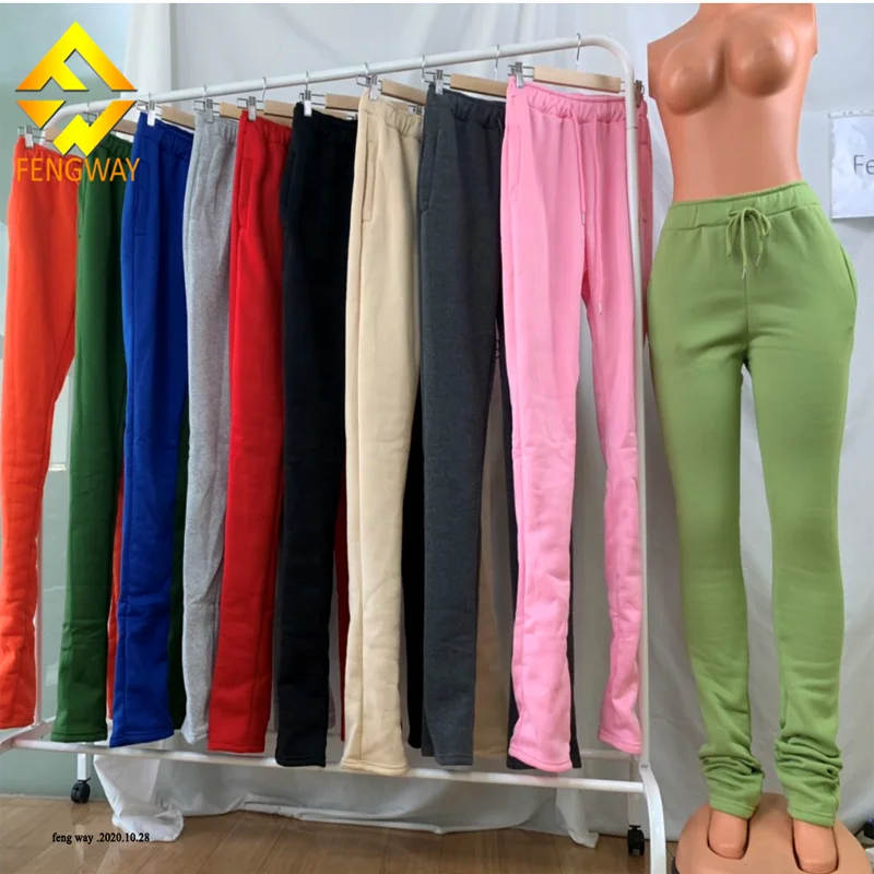 

Woman Clothing Vendor Mid Waist Thick Stacked Pants Legging Thick Stacked Sweatpants For Women, Green, gray, black, pink. blue, orange, khaki, white, dark gray