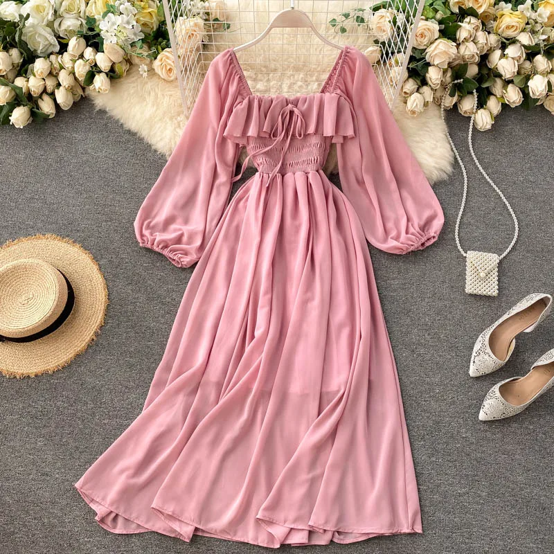Boutique Wholesale 2026 Utumn New Fashion French Retro Square Neck Bubble Sleeves Chiffon Women's Dress