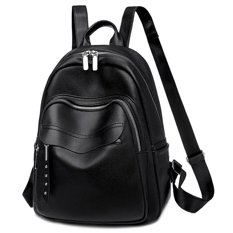 

2022 High Quality Soft PU Leather Black Backpack School Bag Double Zippers Travel Backpacks For Women