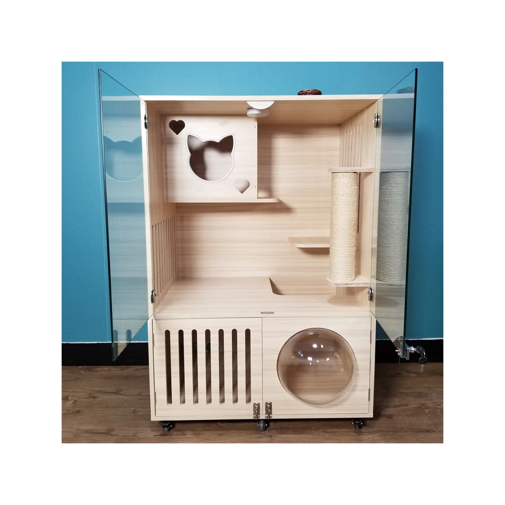 

Luxury customizable pet room cabinet glass cat cage solid wood cat villa