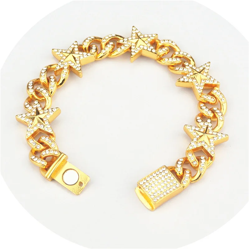 

Wish Amazon Hot Sale Chunky Chain Gold Silver Color Full Diamond Bling Hip Hop Star Bracelet